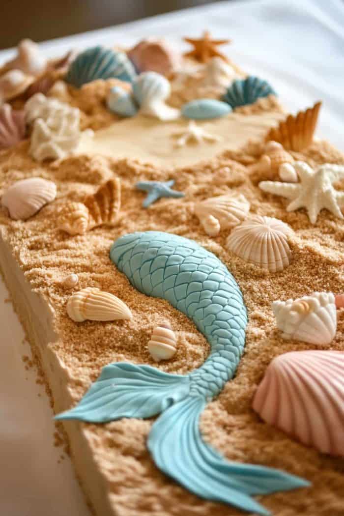 Transport your guests to a sandy beach with this sheet cake! The top of the cake has edible sand made from crushed cookies, with fondant seashells of various shapes and sizes and a fondant mermaid tail for the slightest touch of fantasy.