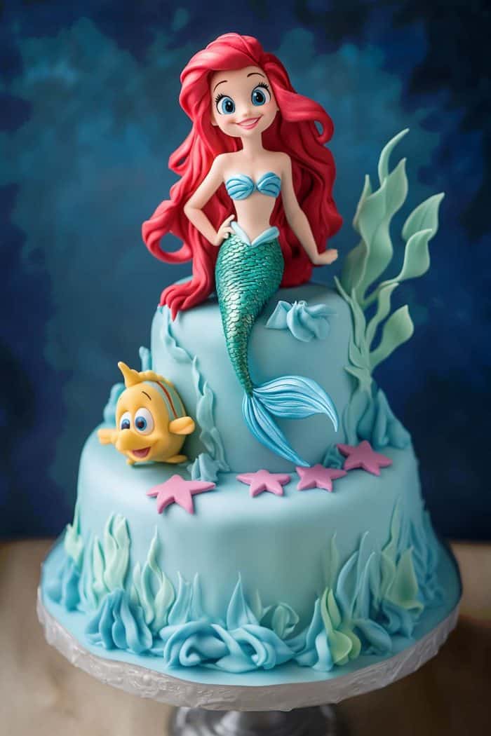 Ariel and her friends Sebastian and Flounder are the stars of this fun creation! Little fans of “The Little Mermaid” will adore these beloved Disney characters on a blue fondant cake.