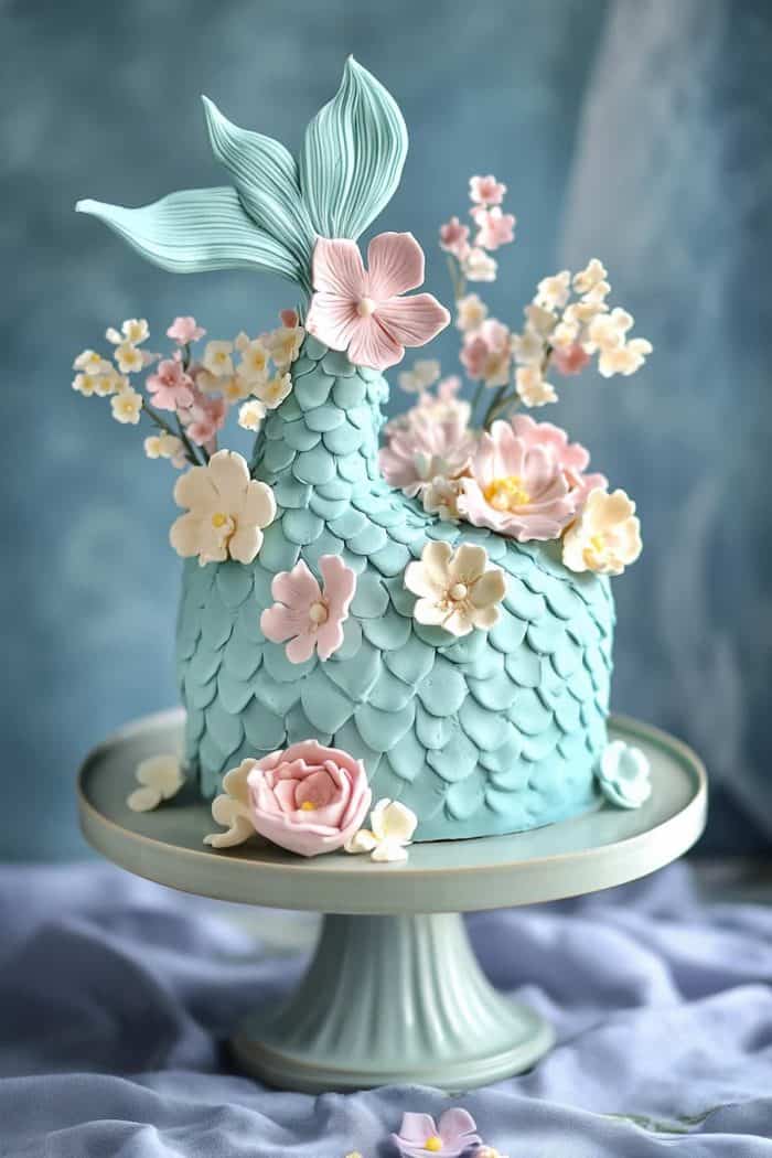 Looking for something that combines nature and fantasy? Try a mermaid tail cake adorned with sweet buttercream flowers. Don’t forget to use petal and ruffle tips with your piping bags to create the flowers. 
