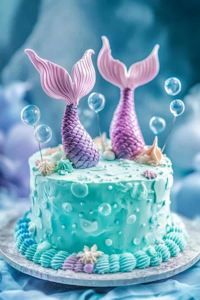 Turn your party into an oceanic wonderland with this cake! What makes it stand out are the edible gelatin bubbles, which are interspersed with mermaid tails for a truly magical look.