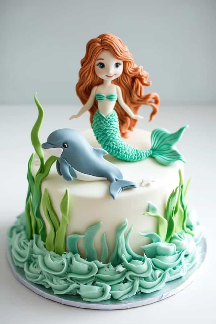 If your little one loves dolphins as much as mermaids, then she’ll go bananas for a cake like this. It’s a wonderful creation featuring a lovely mermaid and a friendly dolphin, with fondant waves and seaweed to round out the theme.