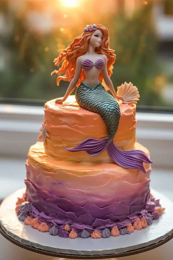 Capture the beauty of a beach at sunset with this cake’s blend of orange, pink, and purple hues. A mermaid sits gracefully atop, evoking the image of a magical creature basking in the glow of the setting sun.