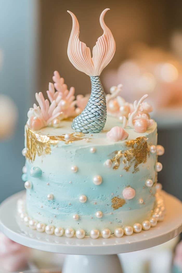 Embodying ultimate luxe, this buttercream cake is decorated with edible pearls, smudges of gold leaf, and a single mermaid tail. It’s topped with mermaid tails, bringing a sense of whimsy and childlike wonder to a refined upscale celebration. 