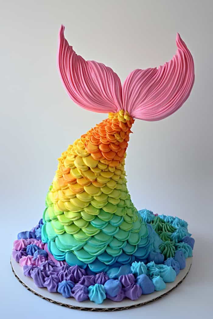 Got a party with a rainbow theme? Brighten it up even more by making this rainbow mermaid tail cake! You can use buttercream frosting in different colors and create a fondant mermaid tail to achieve this design. 