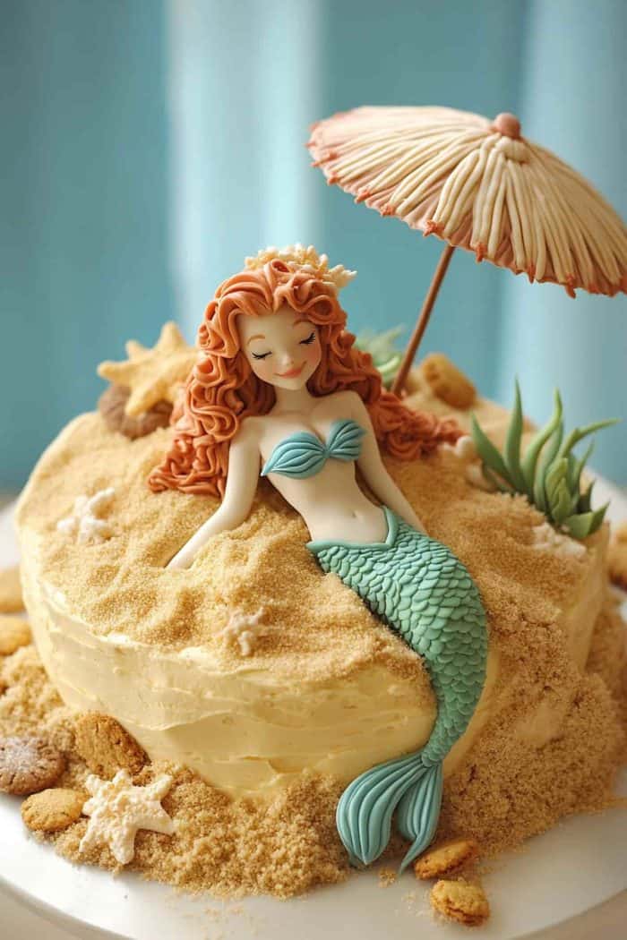 You’ll get compliments — and even a few chuckles — from this adorable cake! The crushed cookies on top mimic sand, and lying atop it is a fondant mermaid, sunbathing and enjoying the To enhance the scene, you can even add a tiny beach umbrella. 