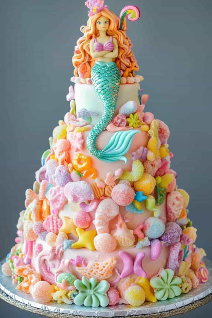 For kids and adults with a sweet tooth, this tiered mermaid candy cake is a dream come true. Its tiers are covered in an array of colorful candies and sweets, with a charming mermaid topping it all. A delight for all the senses!