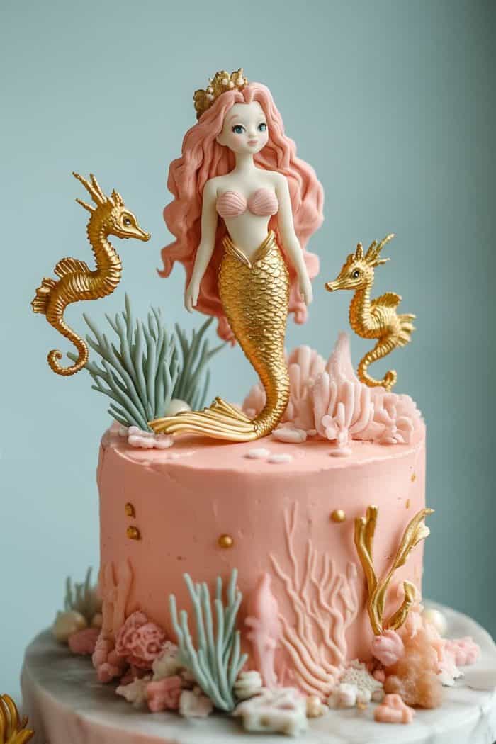 Gold seahorses adorn this pink cake, alongside fondant ocean flora like seaweed and coral. The pretty mermaid topper makes it a beautiful centerpiece for any ocean-themed celebration!