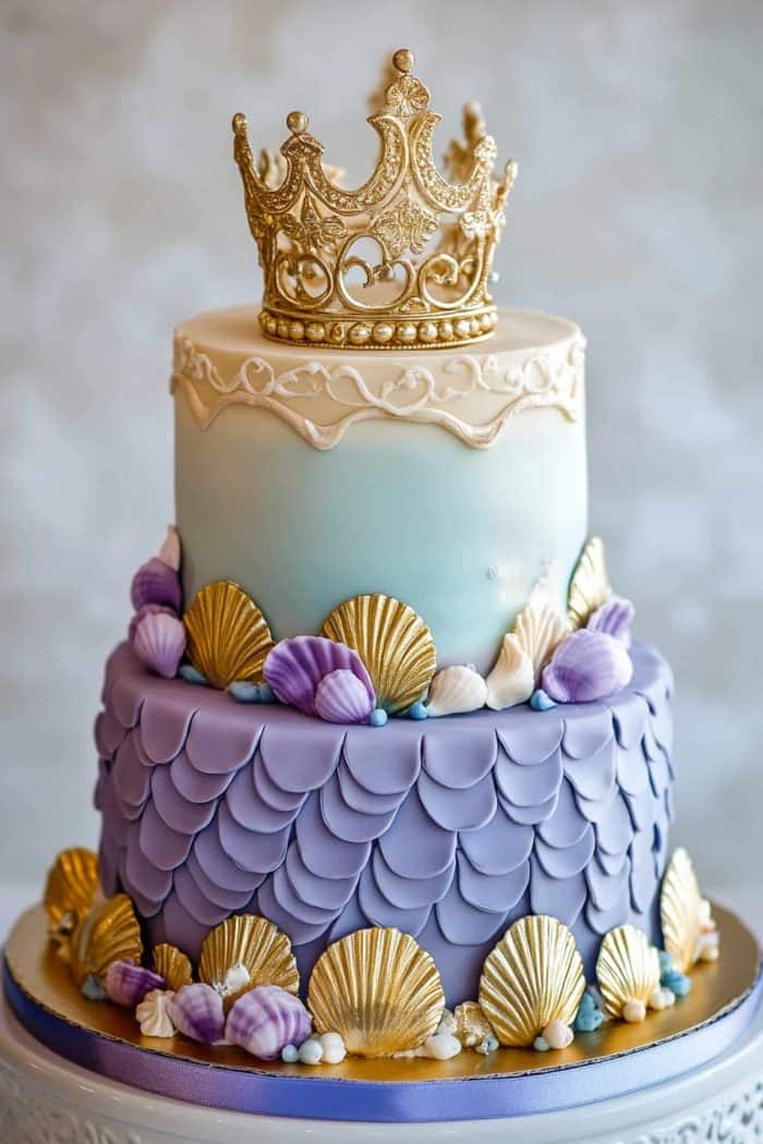 Make your birthday girl feel like underwater royalty with this cake! A gold fondant crown sits on top, while fondant mermaid scales are surrounded by regal gold shells. This cake is an excellent choice for a celebration with a color palette of royal blues and purples! 