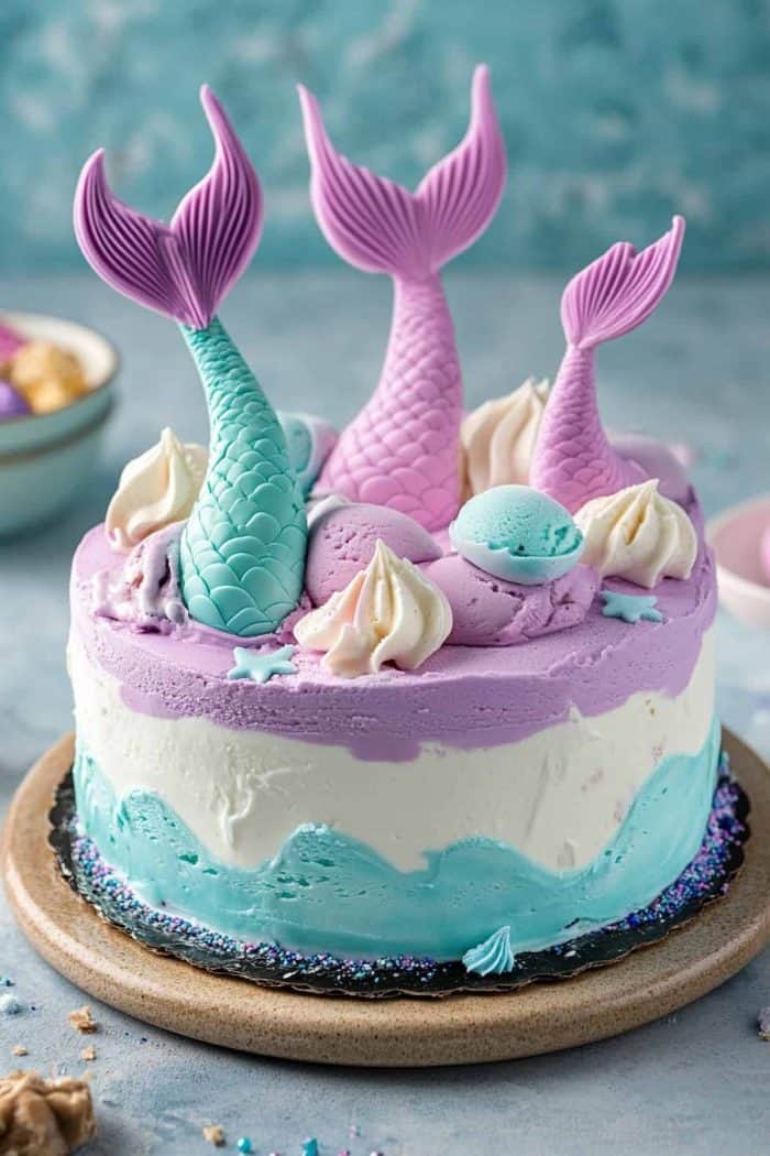 Holding a birthday celebration during the summer? Let your guests cool off with a refreshing mermaid ice cream cake. Ocean-themed elements and charming mermaid tails decorate the cake’s exterior, with layers of delicious ice cream hidden within.