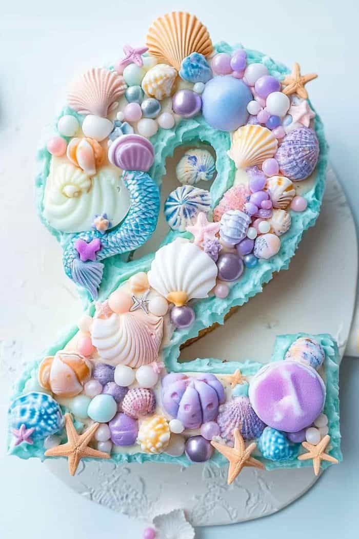 Shaped like a number and adorned with mermaid-themed decorations, this stunning cake is perfect for marking a milestone age. Customize the design with fondant seashells, starfish, and a mermaid topper to match your kid's favorite colors.