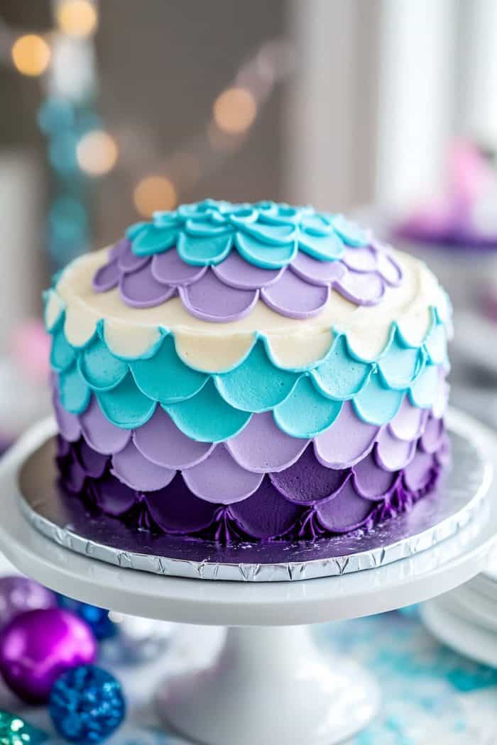 Are you a baking or cake-decorating newbie? Then this cake is a fantastic DIY option for you. All you have to do is frost your cake with alternating purple and blue buttercream scales for a beautiful mermaid tail effect. 