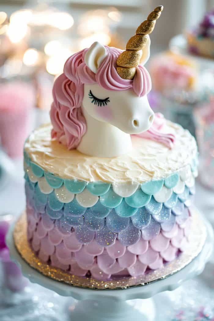 Why make your kid choose between two mythical wonders when they can have both? The unicorn mermaid cake is a fantasy fusion, featuring a whimsical unicorn head and mermaid scales. Tip: Enhance the magical feel with edible glitter! 