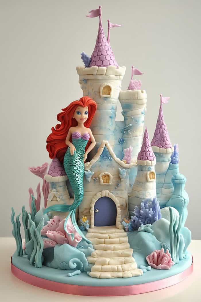 Your little princess deserves a fairytale-like centerpiece like this for her celebration! Made entirely of fondant, this gorgeous underwater castle cake flaunts a graceful Little Mermaid topper that’ll make your little one scream with delight.
