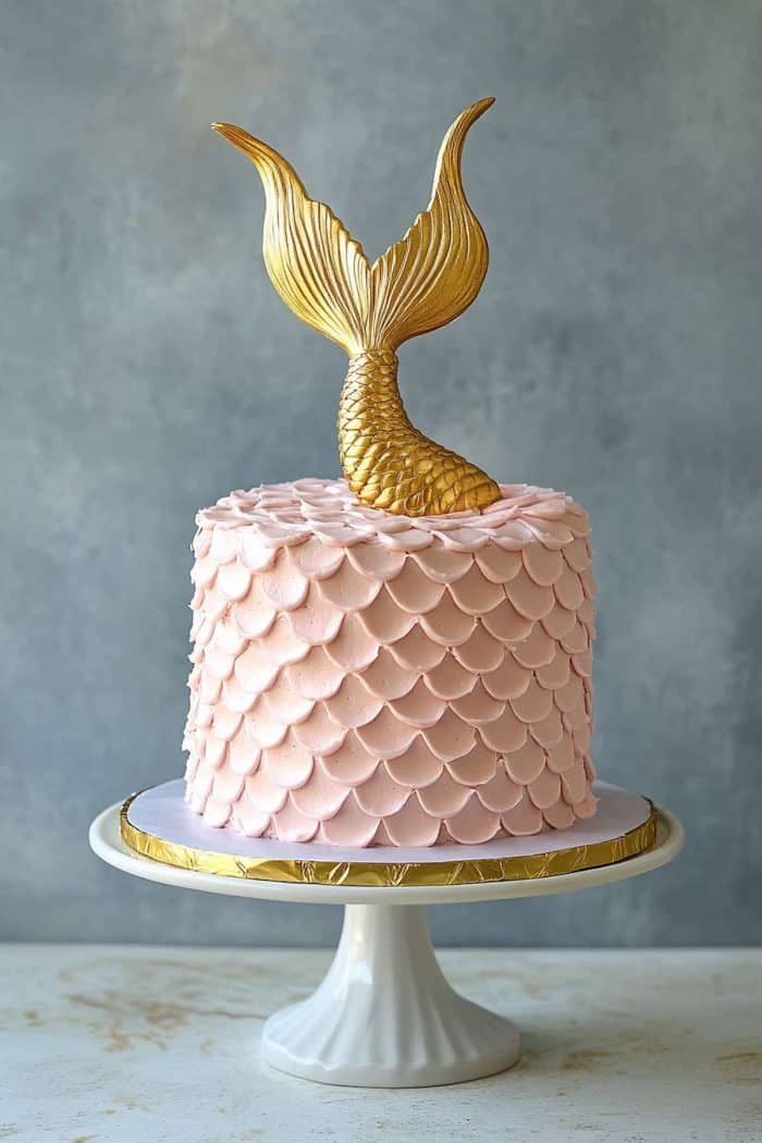 Decked out with layers of pink buttercream scales that create a mesmerizing texture, this cake is crowned with a shimmering gold mermaid tail. You’ll love this if you want a chic, sophisticated cake design for a teen’s or adult’s birthday party. 