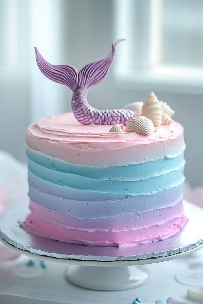 The seamless, mesmerizing transition from pastel blue to pink to purple gives this cake a beautiful gradient effect. Complete the whimsy and elegance with a mermaid tail topper and a few shells in the same captivating hues. 