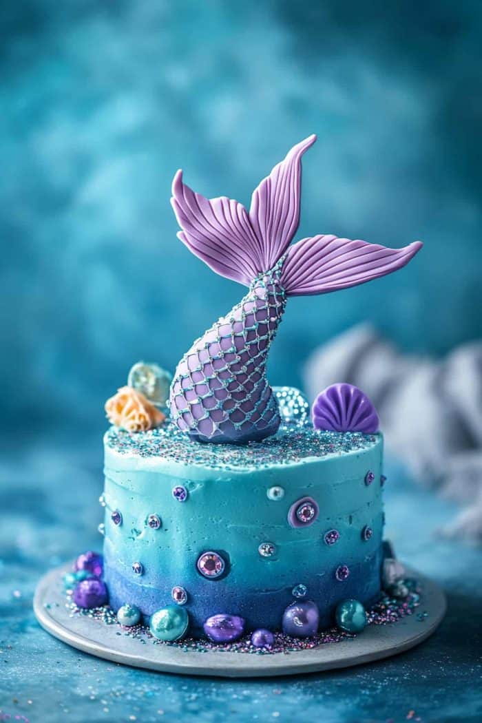 For those who love a bit of sparkle, this mermaid cake with edible jewels is a must-have. With shimmering edible jewels and a stunning fondant mermaid tail, it’s akin to an underwater treasure with a glamorous vibe!