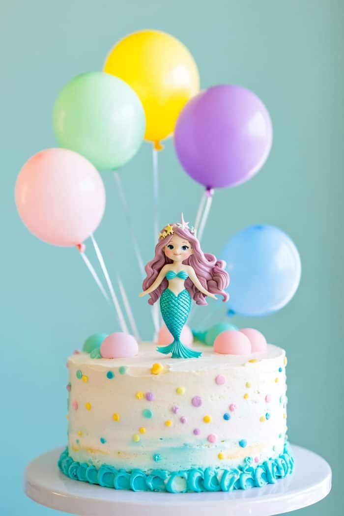 Balloon toppers and a mermaid figurine transform this simple buttercream cake into a vibrant treat! Remember to get balloons in different pastel colors to make the design more colorful, especially if your party decorations have bright rainbow hues.