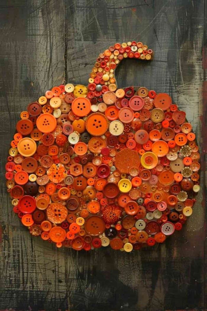 a decorative pumpkin made by arranging buttons in shades of orange