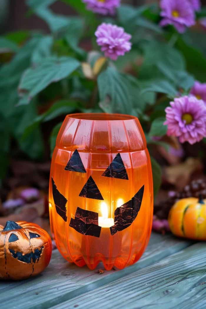 Upcycle plastic containers by painting them orange and adding black tape to create a jack-o’-lantern face.