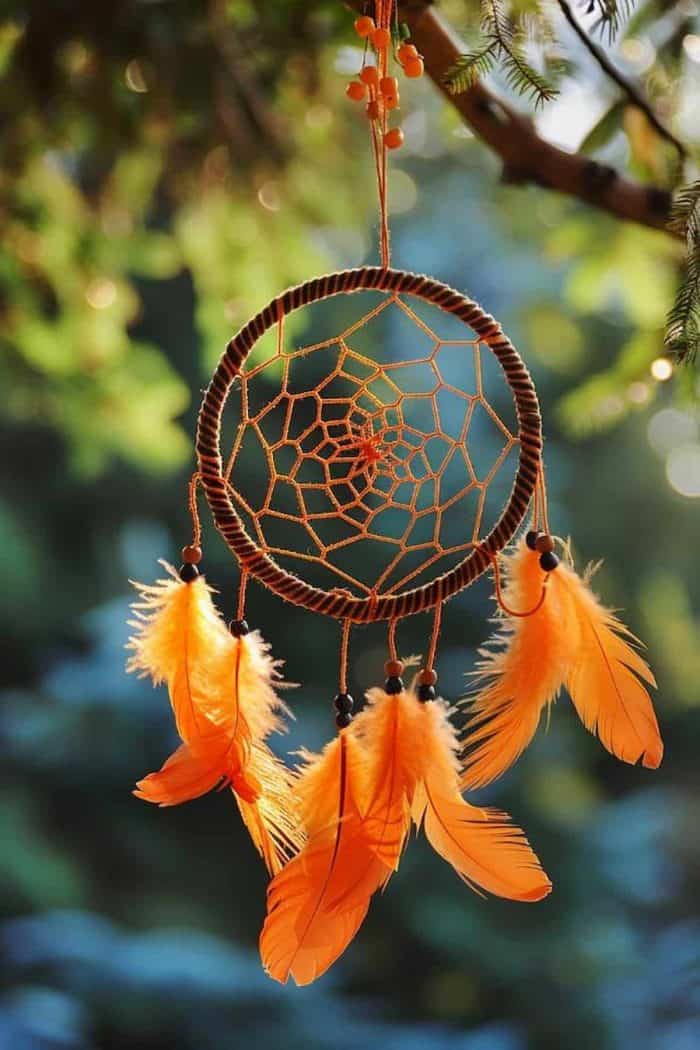 Festive dream catchers shaped like pumpkins, featuring hoops wrapped in orange and black yarn, adorned with orange feathers and black beads, hanging above a bed as a fall decoration.