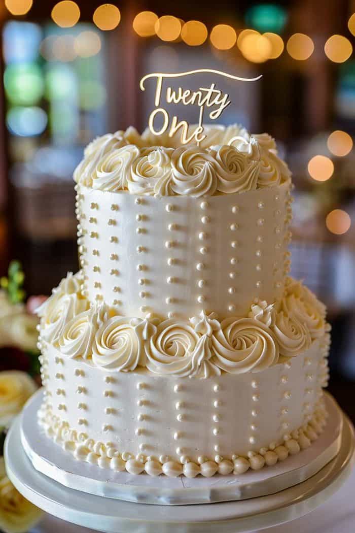 A two-tiered white cake adorned with pearl-like icing and rosettes, topped with a "Twenty One" cake topper.