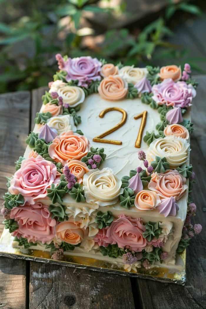 A rectangular cake decorated with buttercream flowers in pink, peach, and purple, topped with the number "21" in gold. The cake is displayed on a wooden surface.