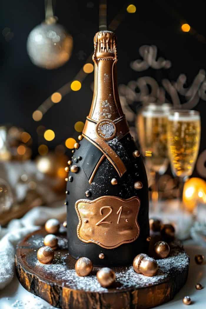 A decorated bottle with "21" on its label is displayed on a wooden platform, surrounded by festive lights and ornaments. Two filled champagne glasses sit in the background.