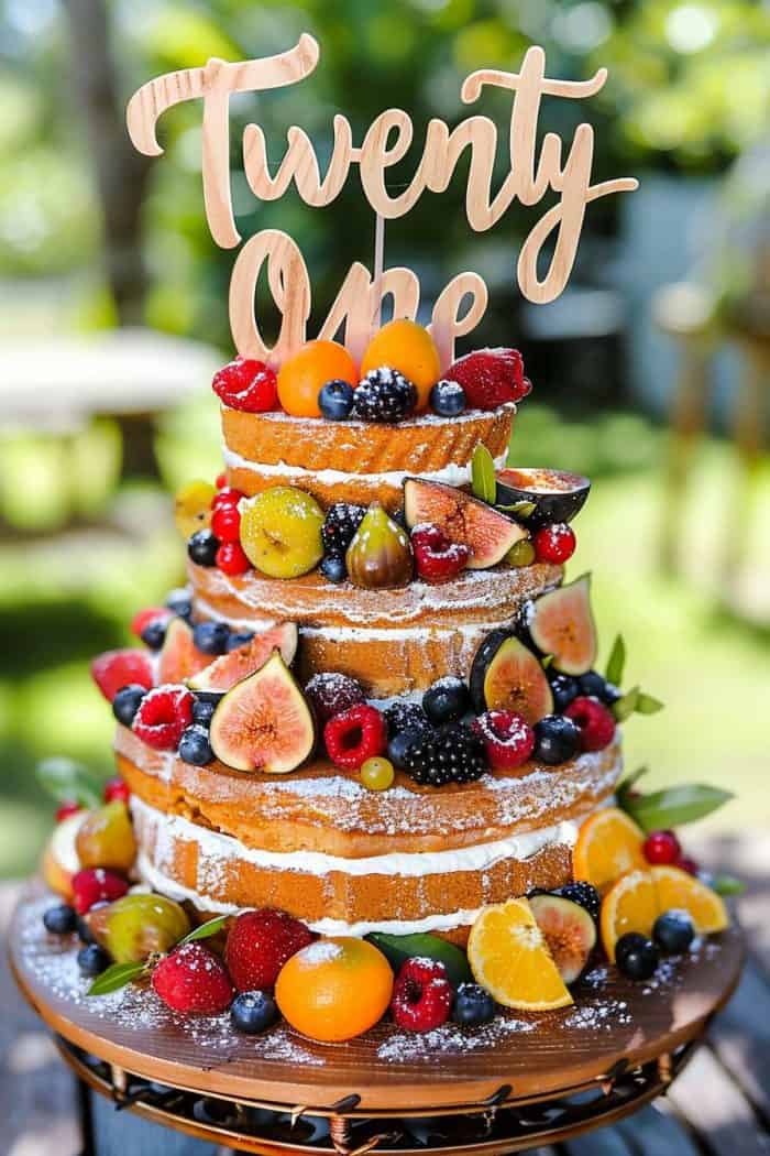 A three-tier naked cake topped with "Twenty-One" sign, adorned with fresh fruits like figs, berries, and oranges.