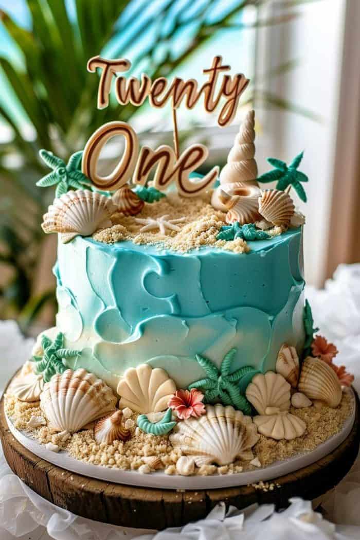 A turquoise and blue beach-themed cake with seashells and starfish decorations, topped with a "Twenty One" sign, placed on a wooden cake board.