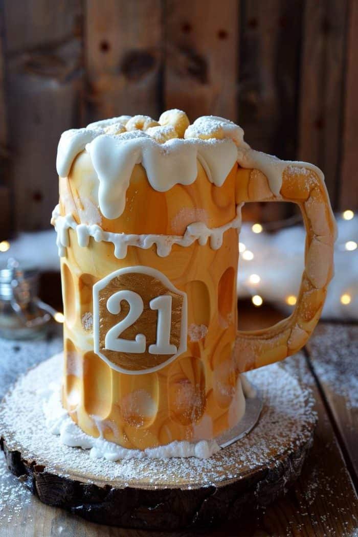 Tall cake shaped like a beer mug with white frosting foam and the number 21 on the front, placed on a wooden slice, lightly dusted with powdered sugar.