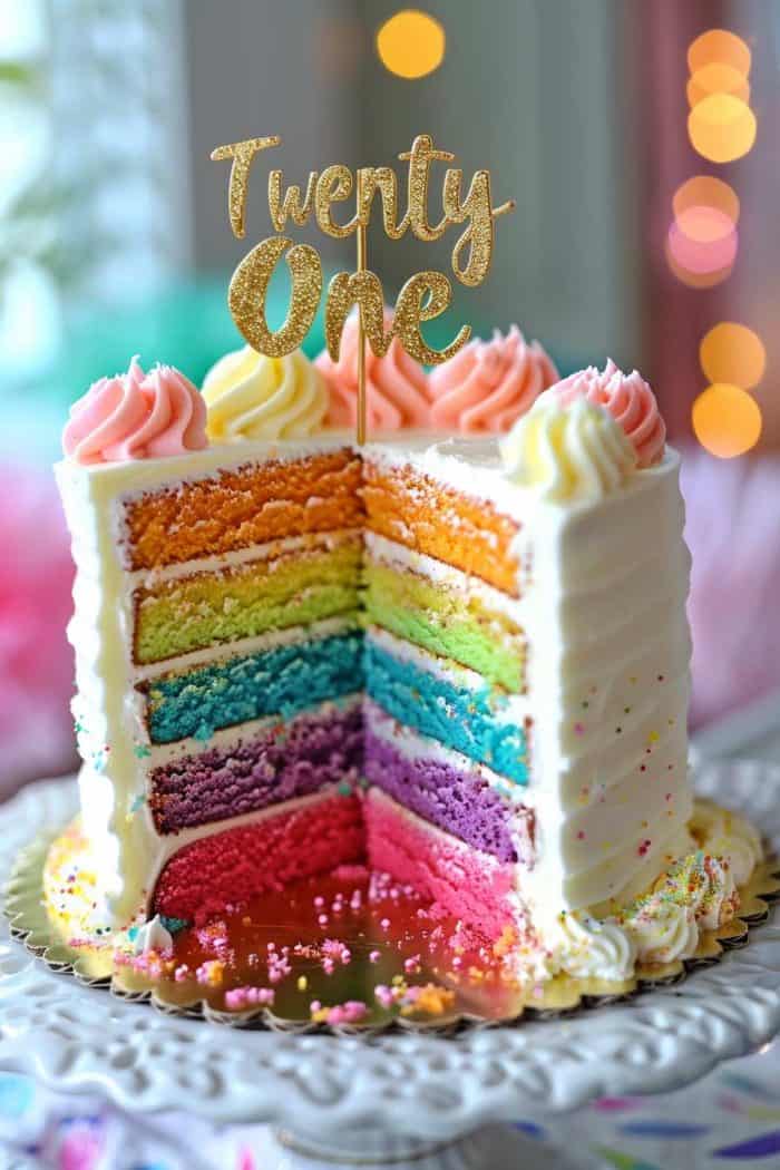 A seven-layer rainbow cake with white frosting, topped with pink and white swirls and a gold "Twenty One" topper, displayed on a decorative plate with colorful lights in the background.