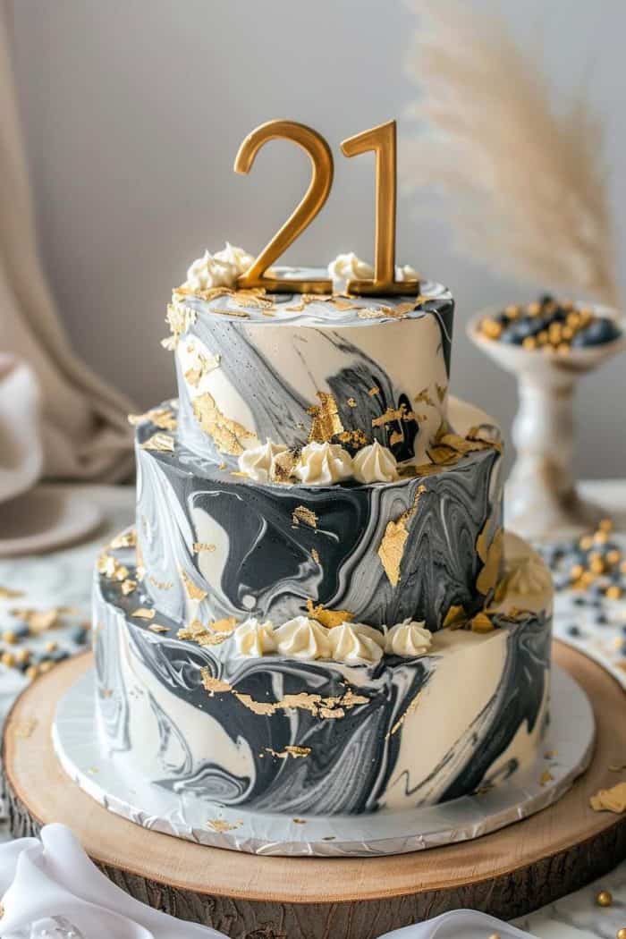 A three-tiered marble cake, decorated with gold leaf accents and topped with a gold "21" topper, is displayed on a wooden slab. A vase of pampas grass is in the blurred background.