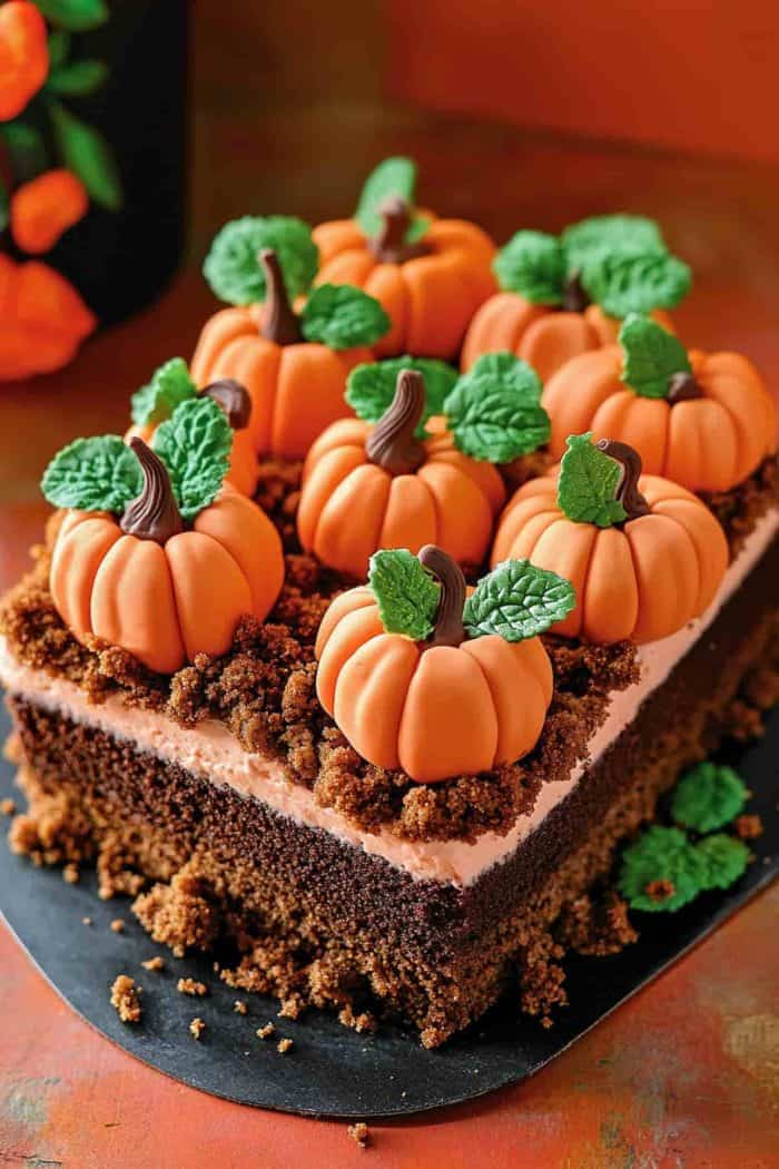 That’s right: you can have a charming pumpkin patch right on your Halloween dessert table with this sheet cake! It’s topped with adorable mini fondant pumpkins, mint leaves, and cookie crumble “soil” to add a touch of realism that will wow everyone.