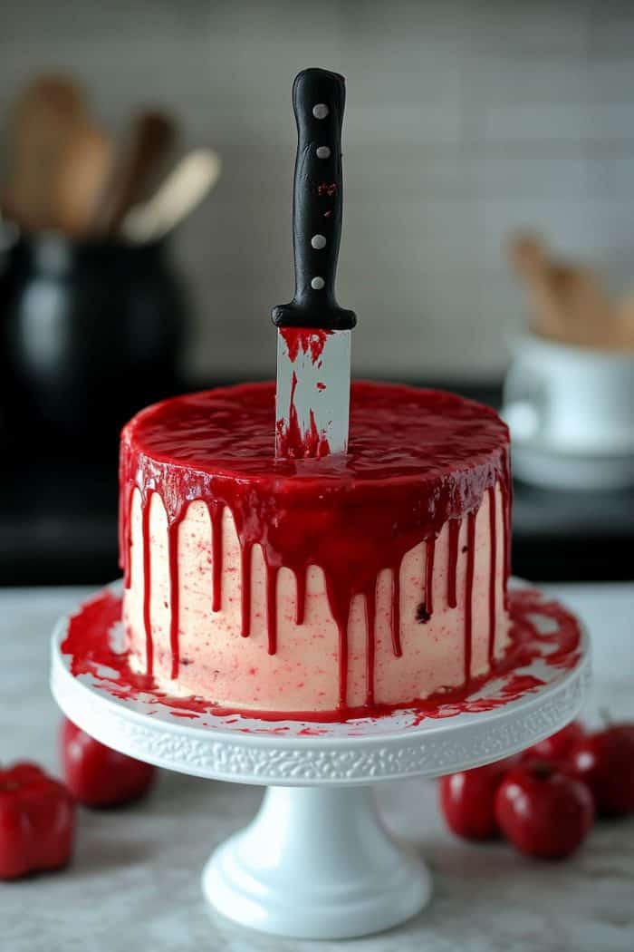 A cake with red icing resembling blood drips, topped with a knife sticking upright in the center. The cake sits on a white stand, with red apples nearby.