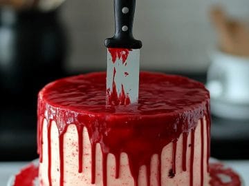 A cake decorated with red icing resembling blood, with a knife inserted into the top.