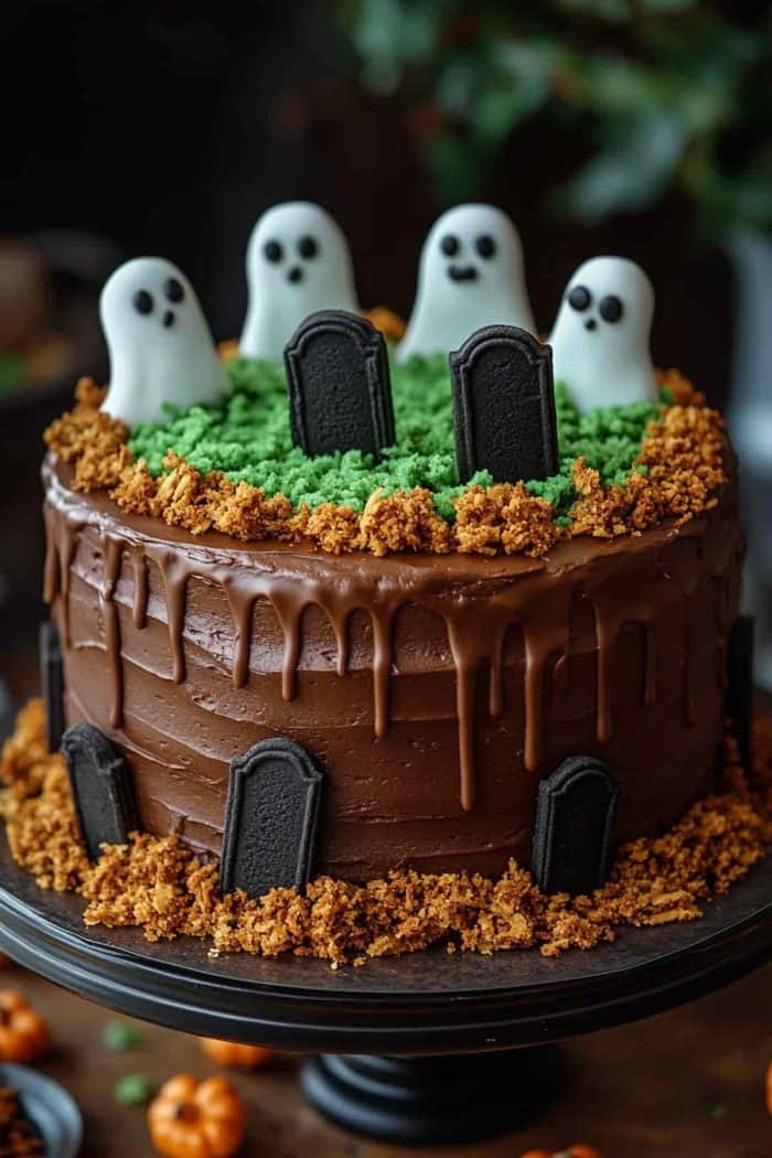 A chocolate cake decorated with cookie gravestones, fondant ghosts, green crumbled toppings, and chocolate drizzle, resembling a spooky graveyard.