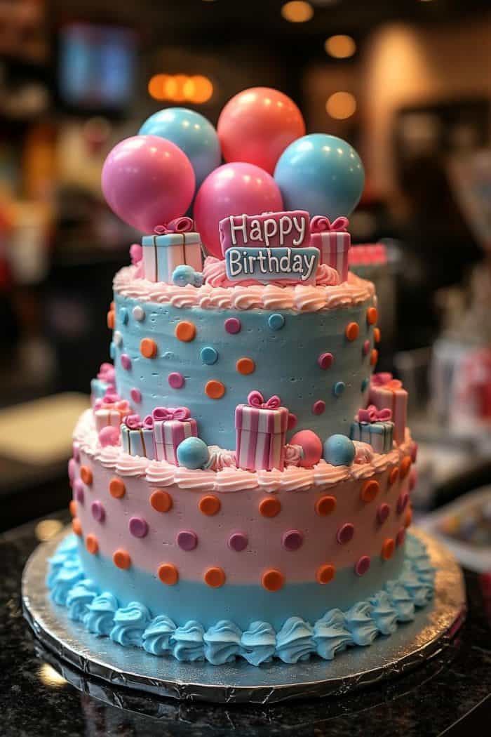 A two-tiered birthday cake decorated with pink, blue, and orange polka dots and swirls. It features a "Happy Birthday" topper, colorful balloons, and small gift boxes. The cake sits on a counter in a warmly lit room.