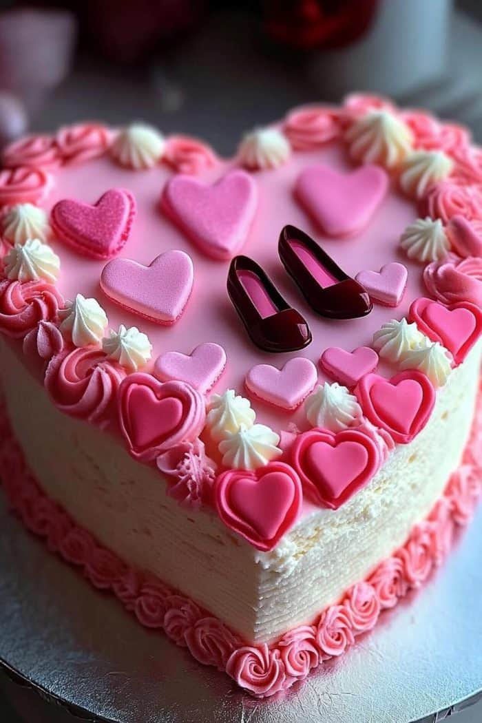 Heart-shaped cake with pink and white frosting, decorated with heart-shaped confections and two small chocolate shoes on top. The cake has a swirled border and sits on a silver base.