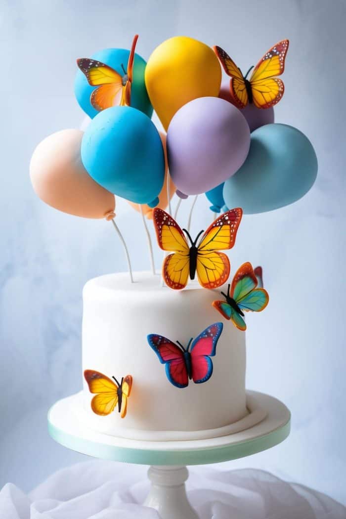 Incorporate the playful element of edible balloons with butterflies attached to the strings for a birthday-perfect design. 
