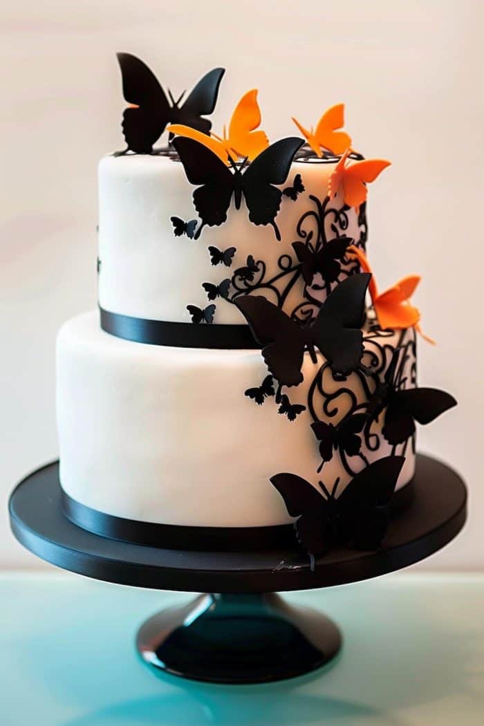 Achieve a modern and sleek look by using a stencil to create butterfly silhouettes on a fondant-covered cake. Airbrush edible colors over the stencil to produce crisp, clean butterfly shapes that stand out. 