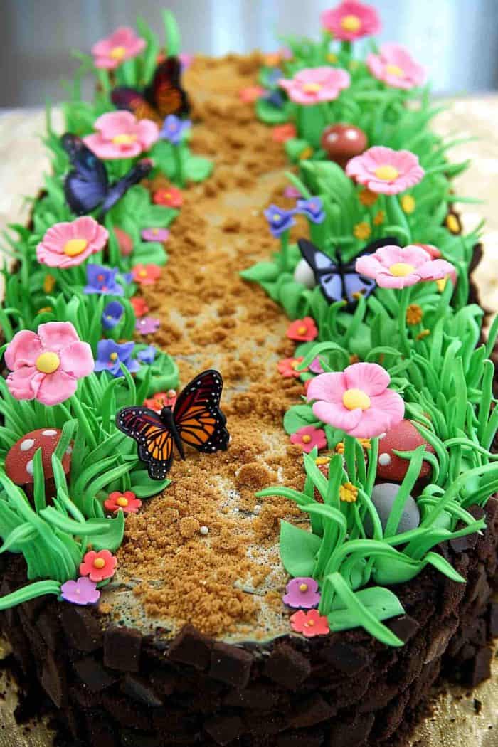 Bring a touch of rustic charm to your cake by creating a garden path using crushed cookies to mimic dirt. Arrange edible flowers and butterflies along this path, giving the illusion of a whimsical garden scene. Use green buttercream to create grass and add small details like edible rocks or tiny mushrooms to enhance the natural look. 