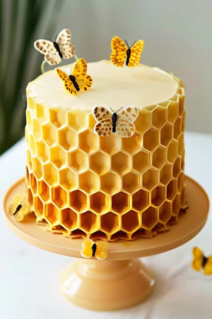 Imagine a cake adorned with a beautiful honeycomb pattern, crafted from fondant or chocolate. The hexagonal shapes create an intricate backdrop that’s both visually appealing and textured. Place butterflies around the honeycomb, choosing colors that complement the golden hues of the honeycomb. 