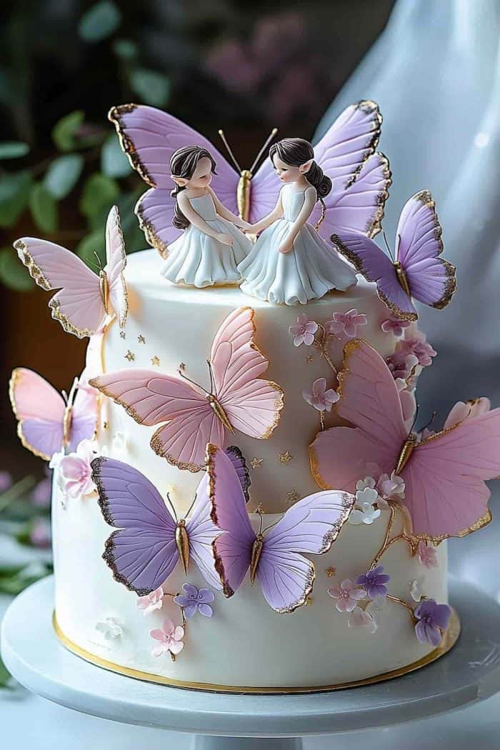 For a cake that exudes whimsy and magic, combine delicate butterflies with small fondant fairy figurines. Position the fairies as if they are interacting with the butterflies, creating a charming and enchanting scene. Use soft, pastel colors like pink, lavender, or mint to enhance the fairy-tale atmosphere, and add edible flowers and greenery to complete the look. 