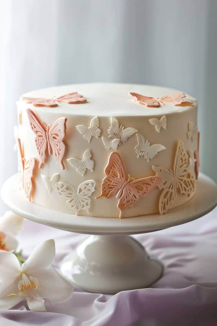Achieve a simple yet elegant design by using a butterfly stencil to dust powdered sugar or cocoa powder onto your cake. The stenciled butterflies create a delicate pattern that stands out against the cake’s surface. 