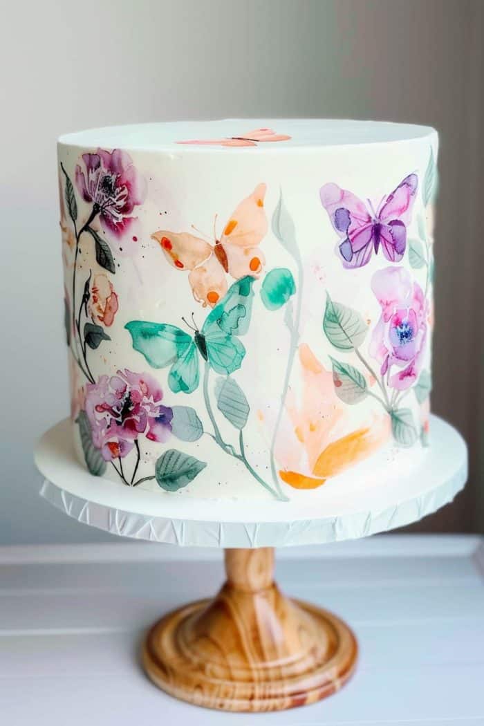 Unleash your inner artist by hand-painting butterflies using edible watercolor paints on a white fondant-covered cake. 
