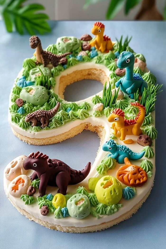 A number 9 cake decorated with colorful dinosaur figures and icing resembling grass and foliage. The cake features various dinosaurs placed on a frosted surface.