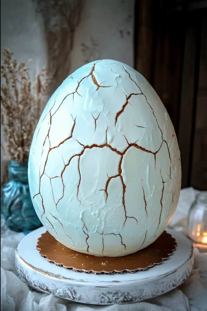 A large, intricately designed dinosaur egg-shaped cake with a cracked, textured white surface sits on a decorative white stand. 
