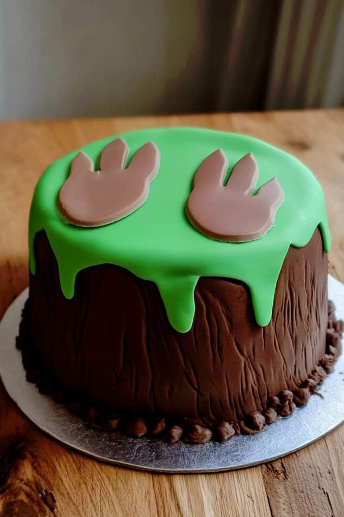 A round cake decorated to resemble a tree stump with green icing on top and two dinosaur footprint shapes. The sides are covered in brown icing, mimicking wood texture. The cake sits on a silver base.