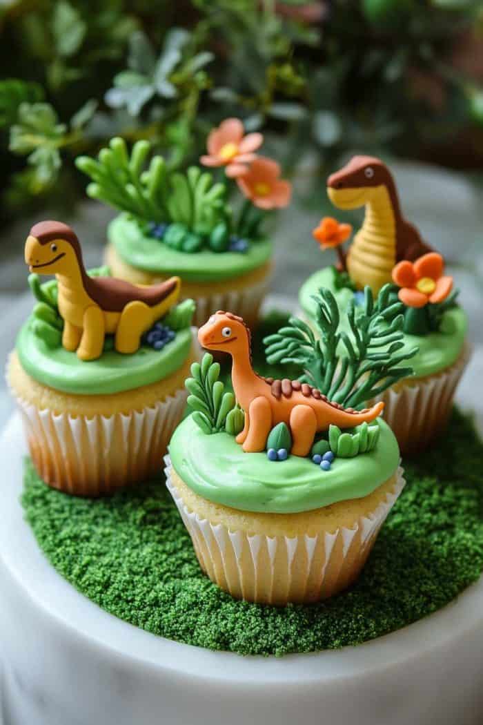 Four cupcakes topped with green icing, each featuring a small dinosaur figure and decorative plants, arranged on a green base.