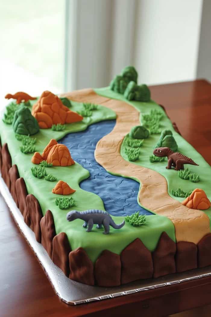 Rectangular cake decorated with a dinosaur theme; features a river, orange rocks, green vegetation, and small dinosaur figures. 